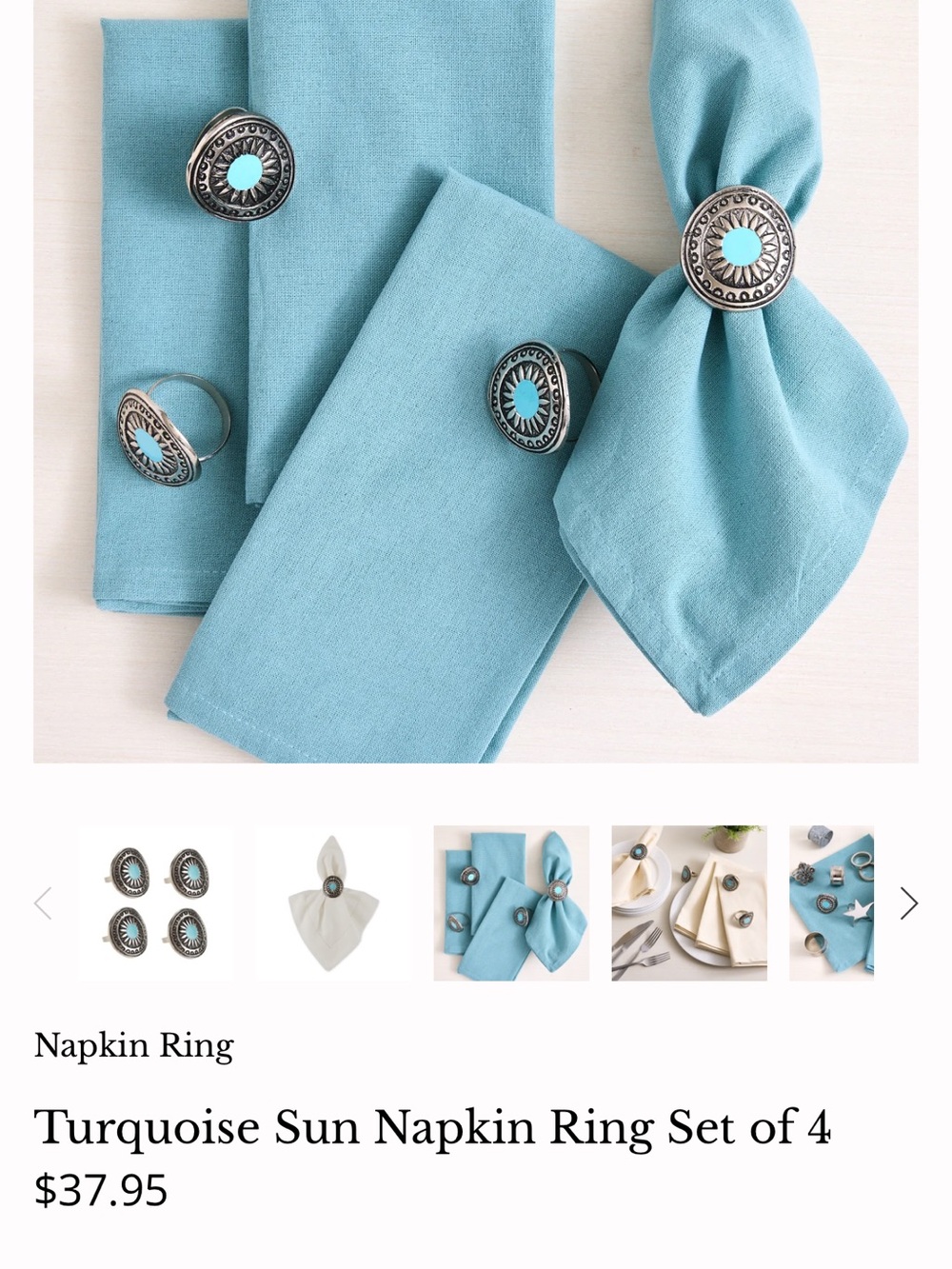 Turquoise Sun Napkin Ring Set of 4 - Stylish Table Accent